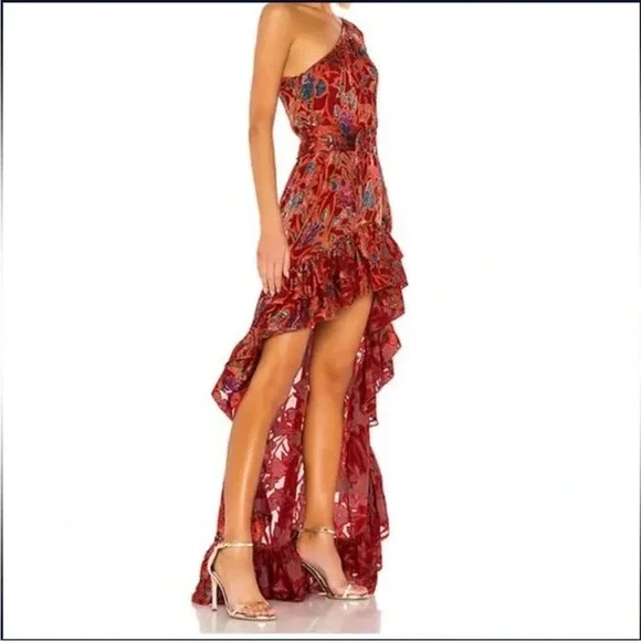 Alexis Marseille Floral Red Gown Maxi Dress One Shoulder High-Low Ruffle size M - Picture 4 of 11